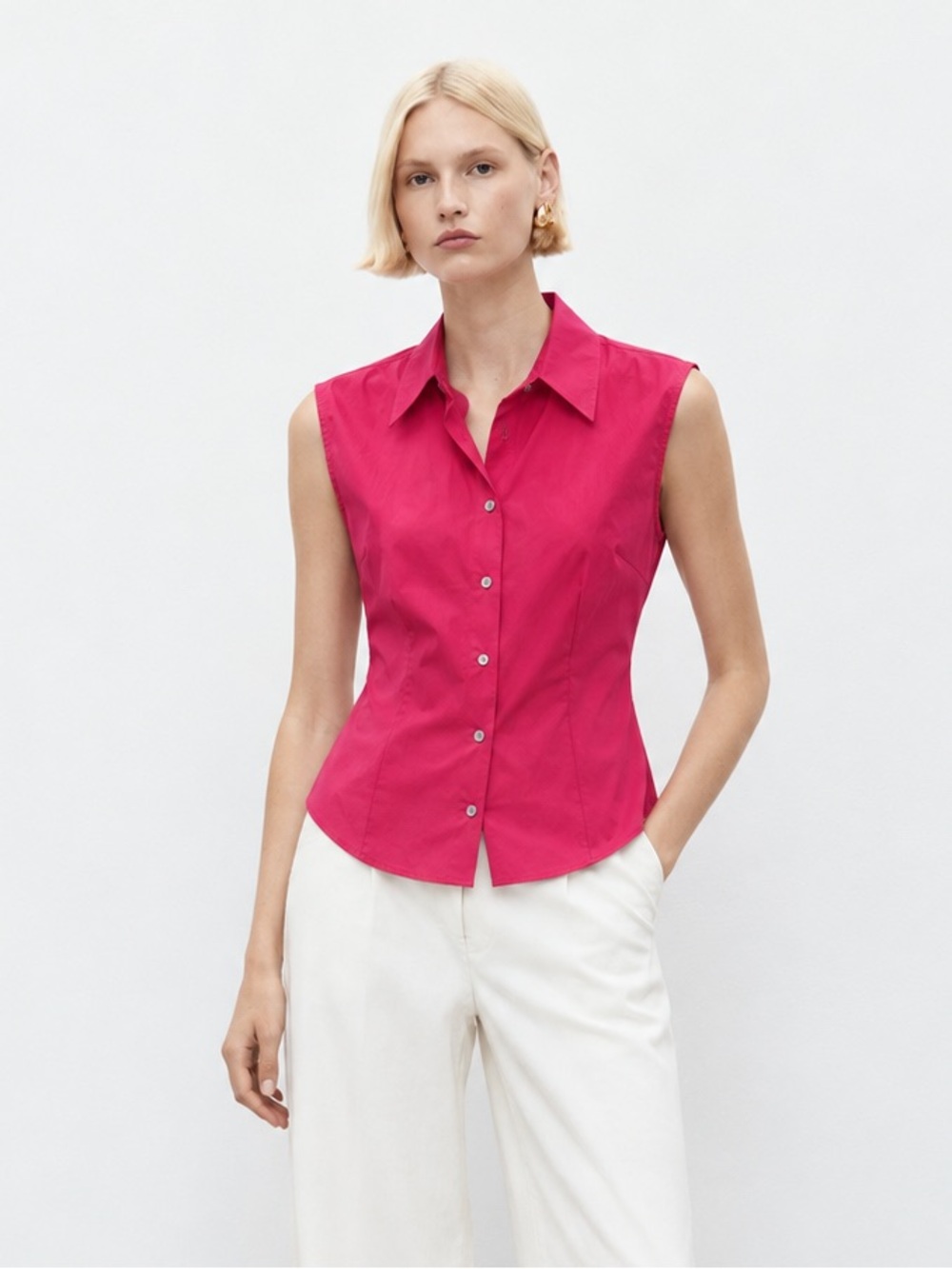 New! Jil Sander Sleeveless Button-Down Shirt in Fuchsia Pink 🌷US 4/ Small